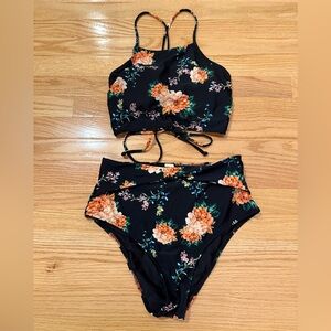 Cupshe Black and Orange Floral Bikini Set